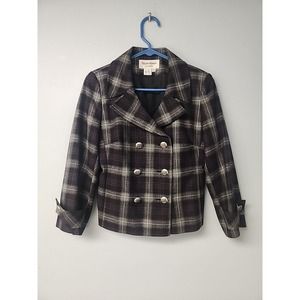 Helene Berman Womens Wool Blend Crop Coat Gray Tartan Plaid Double Breasted Sz S